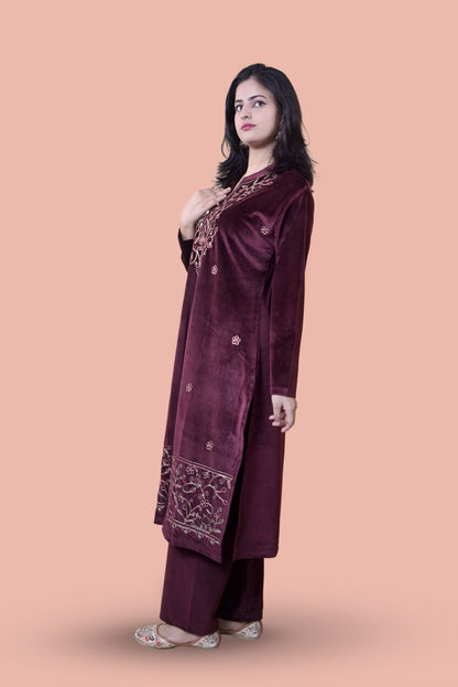 Maroon Velvet Shawl Kurta Set