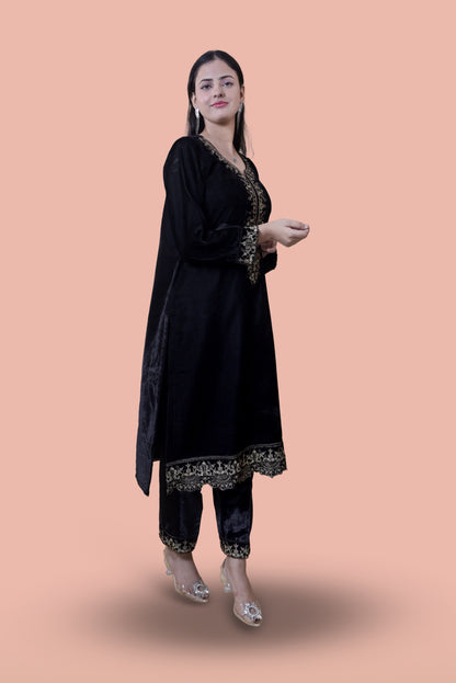 Regal Black Velvet Yoke Design Kurta Set