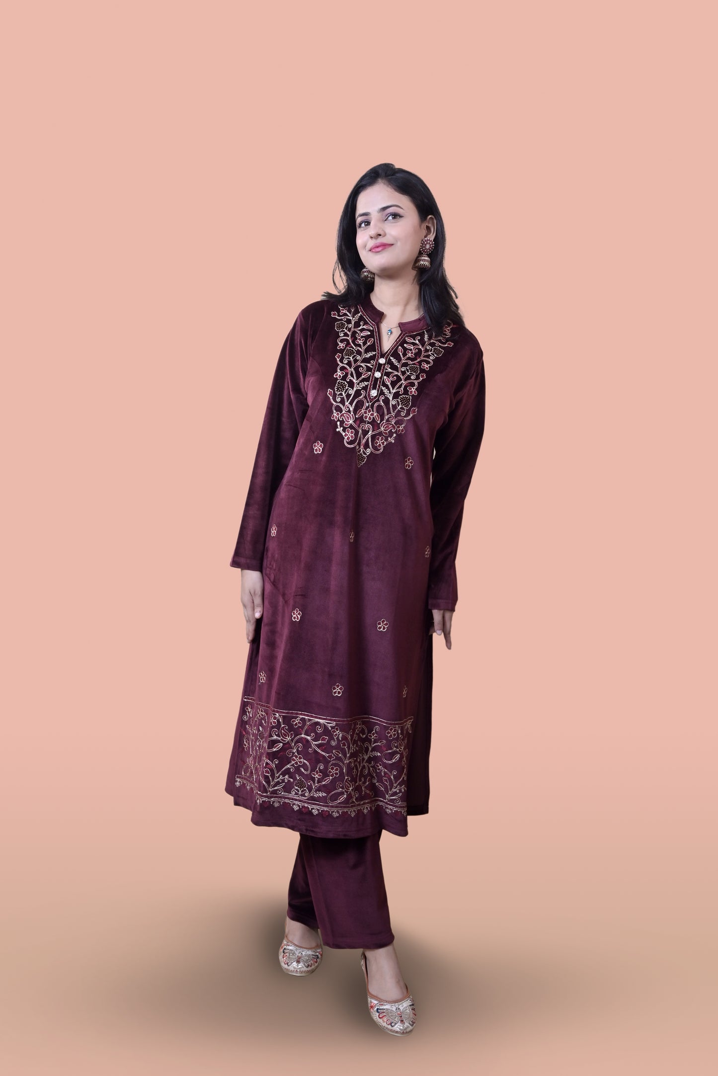 Maroon Velvet Shawl Kurta Set