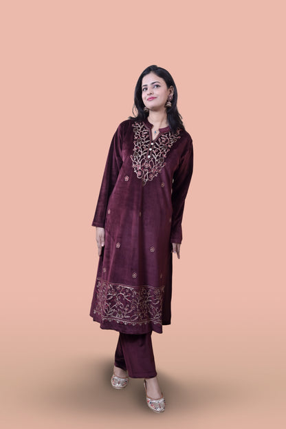 Maroon Velvet Shawl Kurta Set