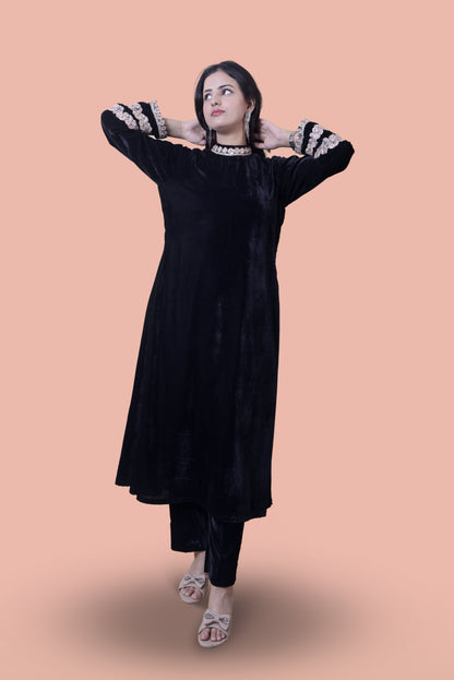 Two Piece Black Velvet Set(High Neck)