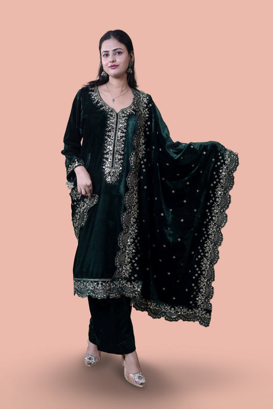 Regal Green Velvet Yoke Design Kurta Set