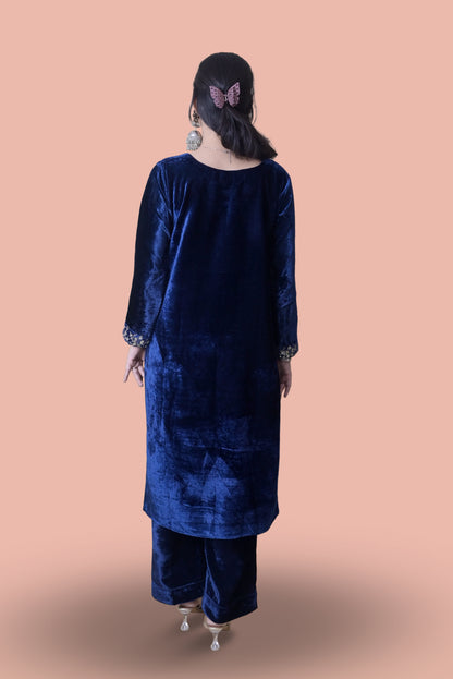 Regal Navy Blue Velvet Yoke Design Kurta Set