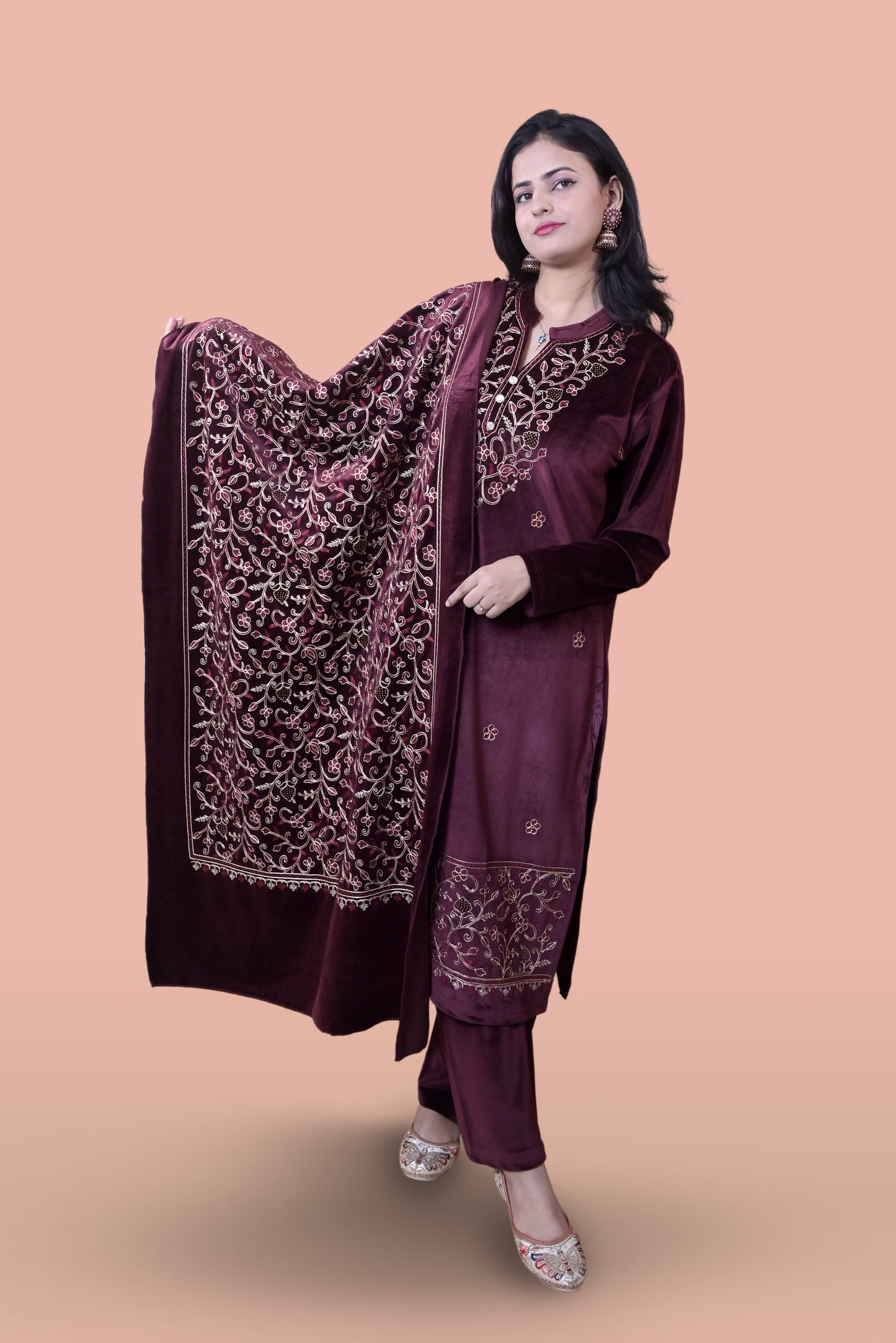 Maroon Velvet Shawl Kurta Set