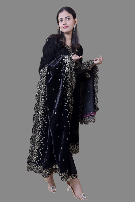 Regal Black Velvet Yoke Design Kurta Set