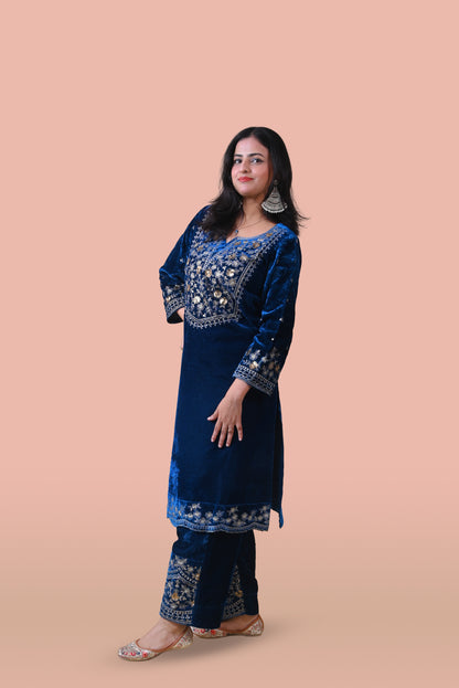 Teal Blue Velvet Yoke Design Kurta Set