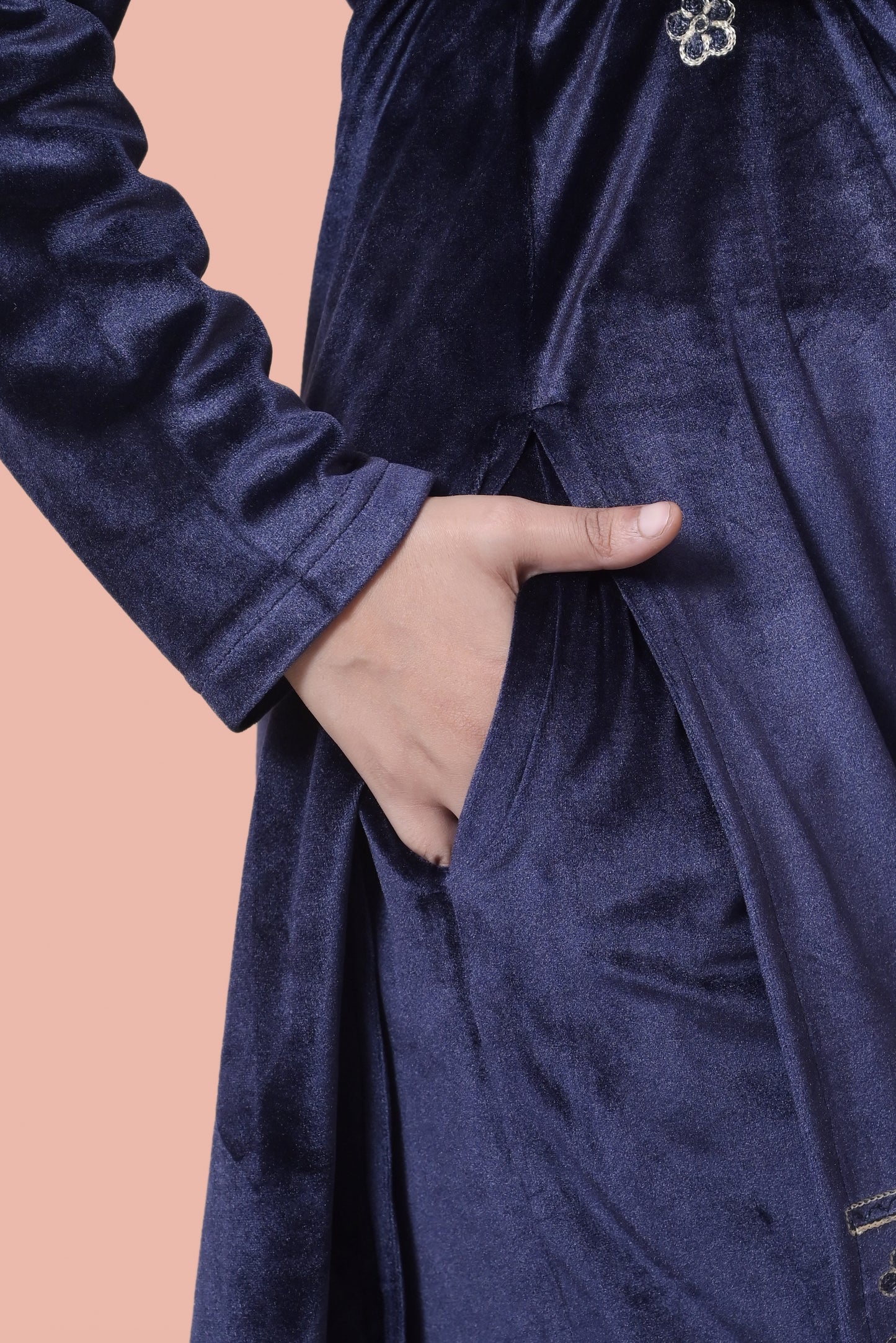 Navy Blue Velvet Shawl Kurta Set