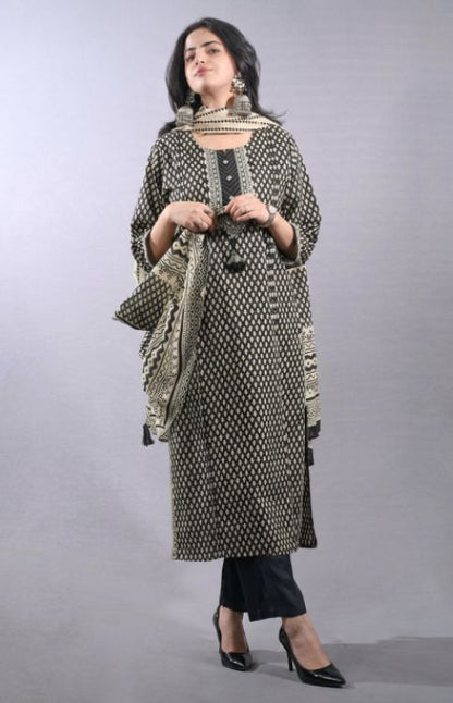 Black Printed Cotton Suit Set