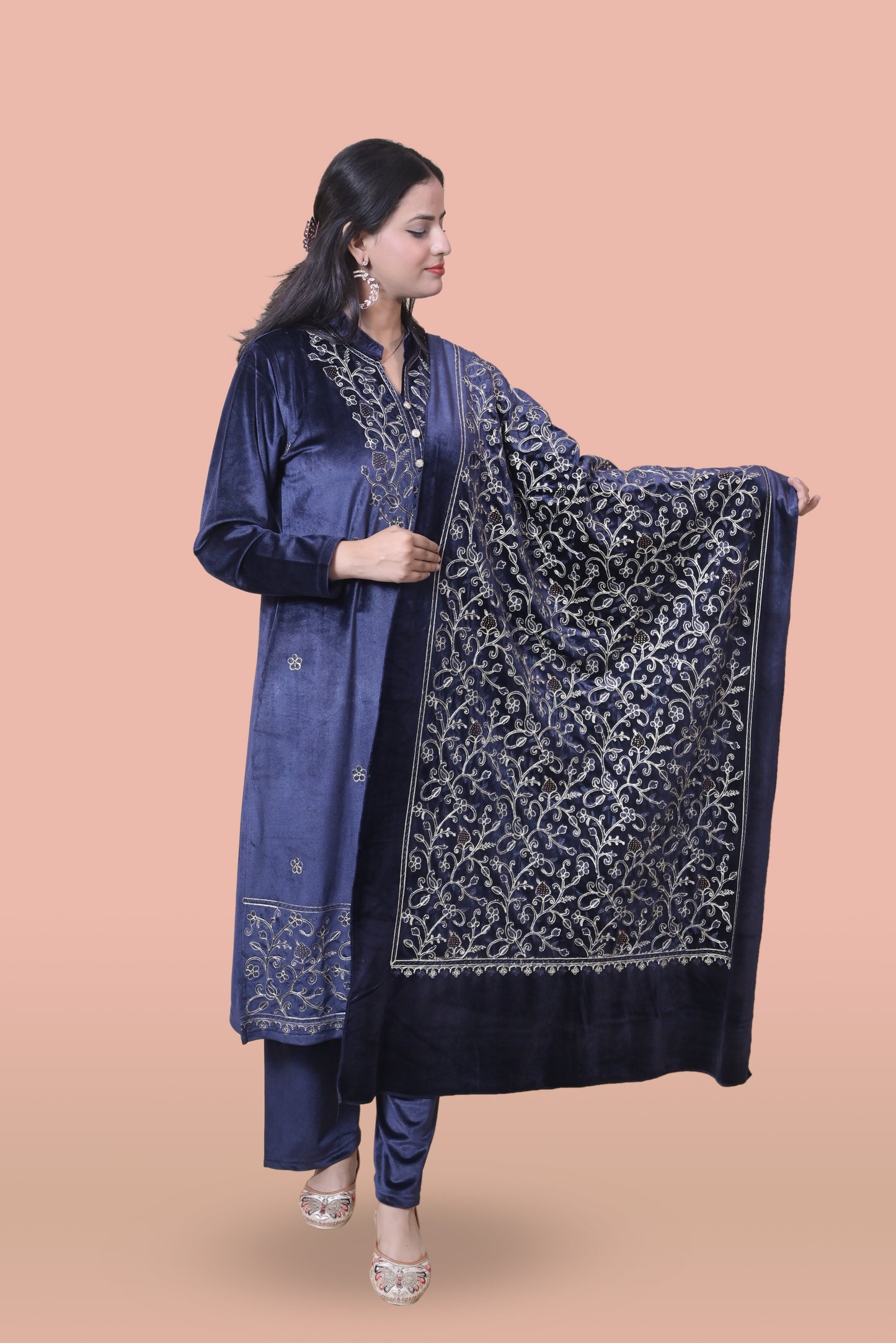 Navy Blue Velvet Shawl Kurta Set