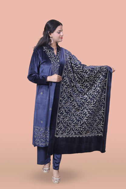 Navy Blue Velvet Shawl Kurta Set