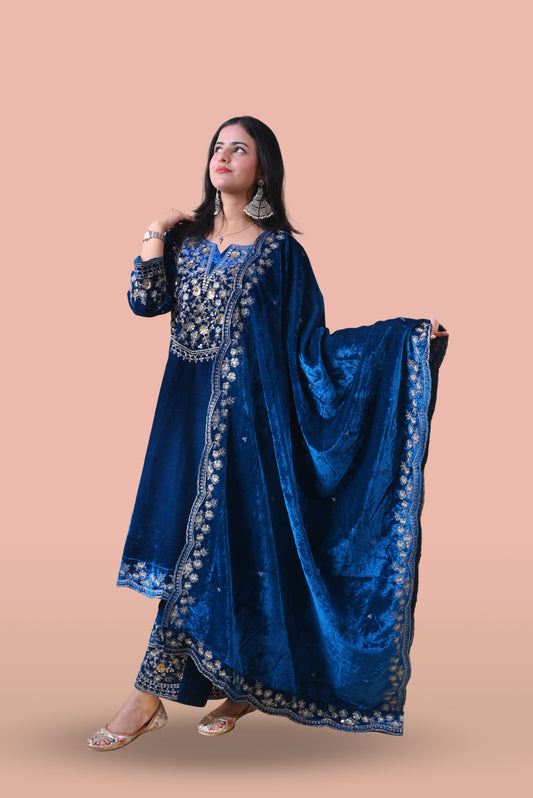 Teal Blue Velvet Yoke Design Kurta Set