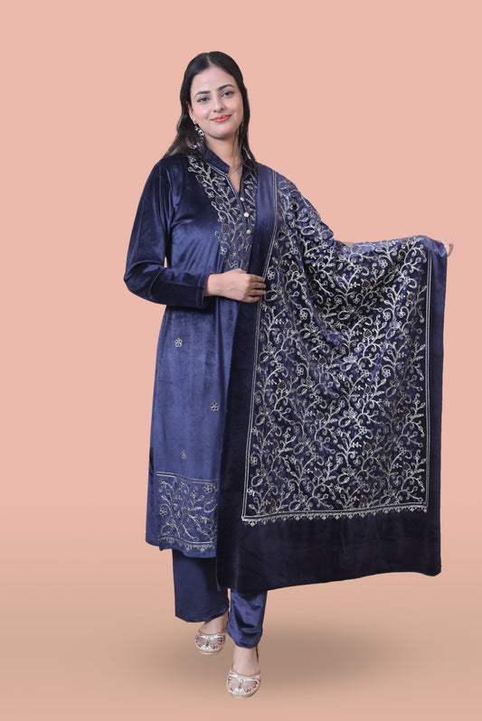 Navy Blue Velvet Shawl Kurta Set