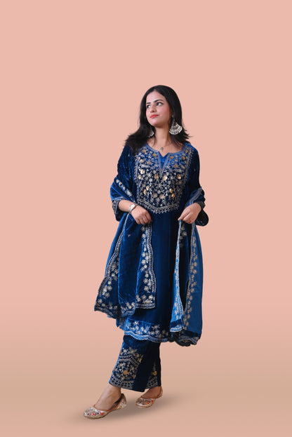 Teal Blue Velvet Yoke Design Kurta Set
