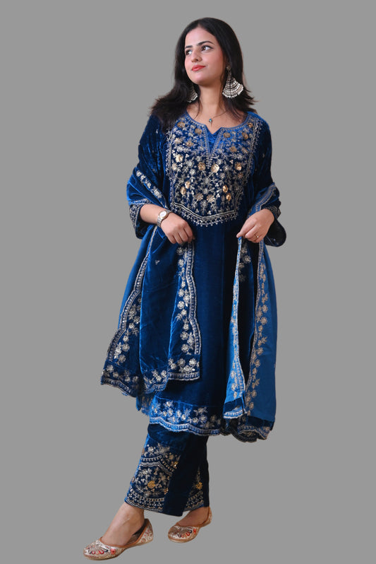 Teal Blue Velvet Yoke Design Kurta Set