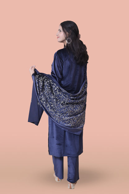 Navy Blue Velvet Shawl Kurta Set