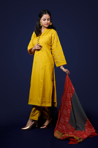 Mustard Yellow Silk Blend 3pcs Suit