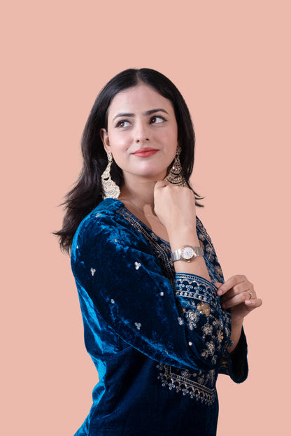 Teal Blue Velvet Yoke Design Kurta Set