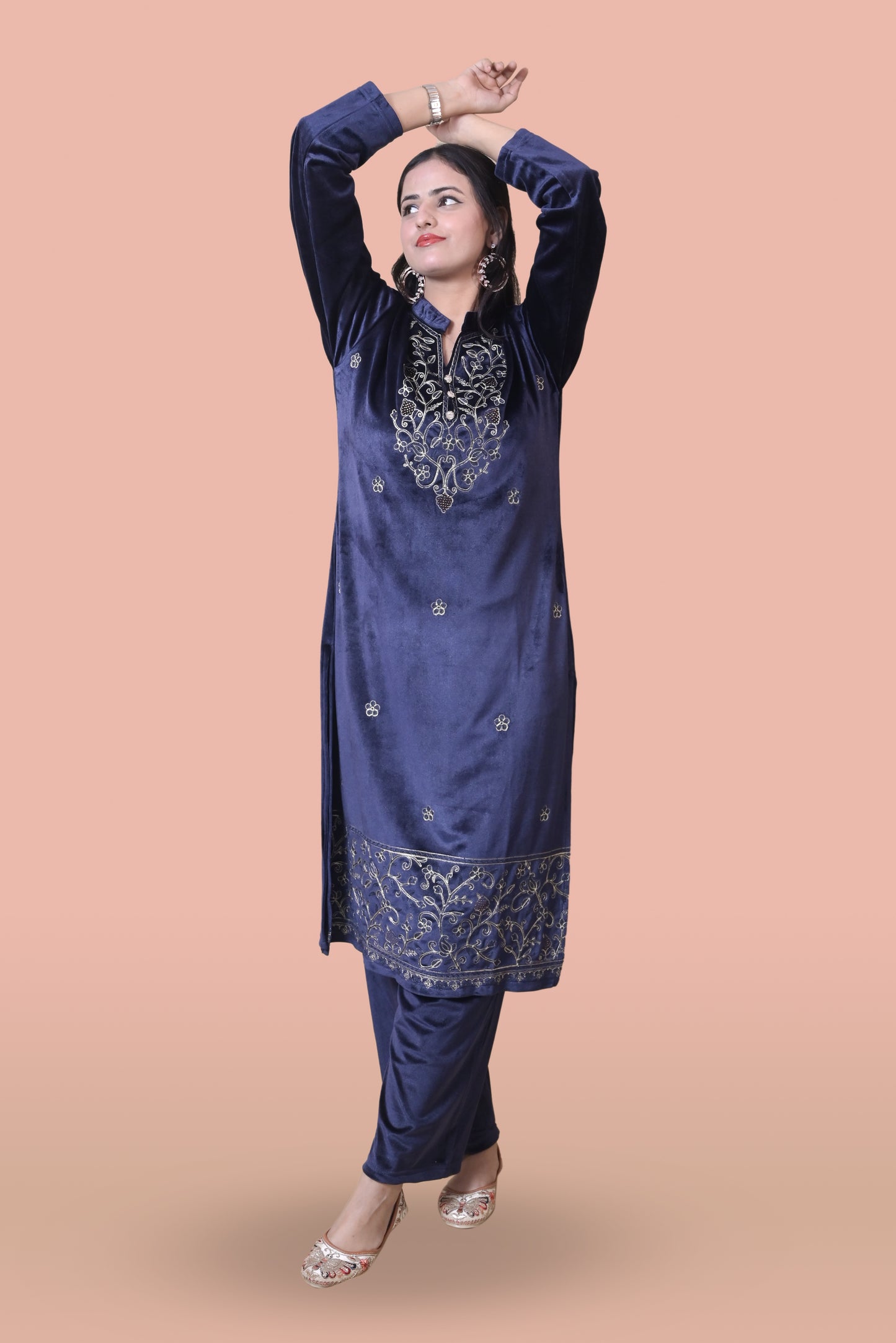 Navy Blue Velvet Shawl Kurta Set