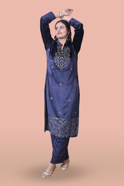 Navy Blue Velvet Shawl Kurta Set
