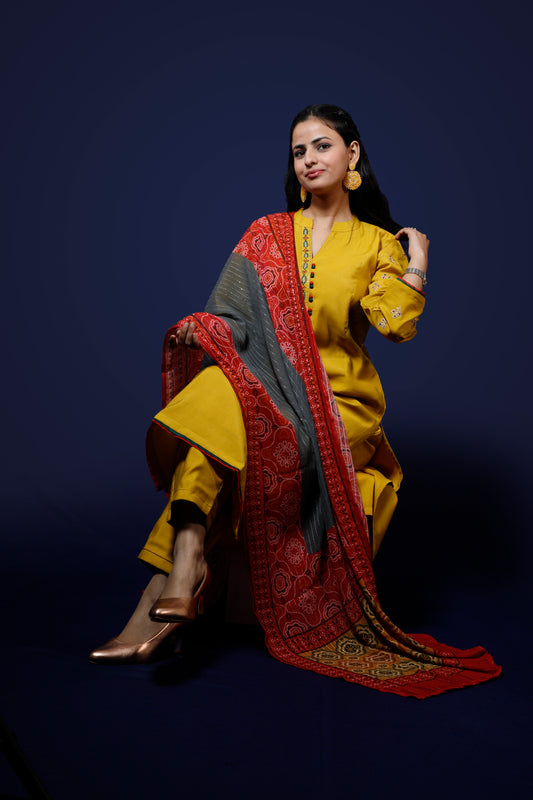 Mustard Yellow Silk Blend 3pcs Suit