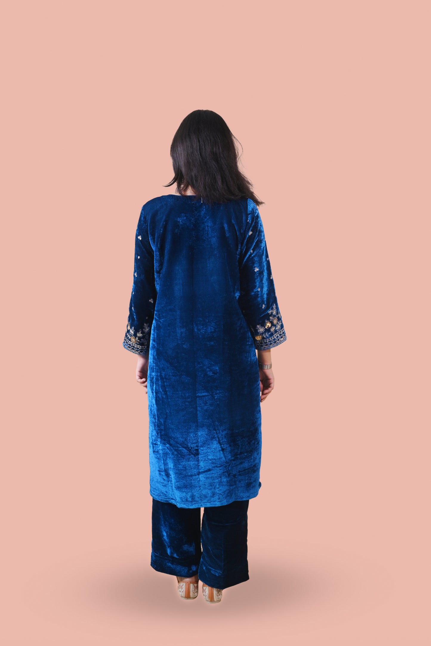 Teal Blue Velvet Yoke Design Kurta Set