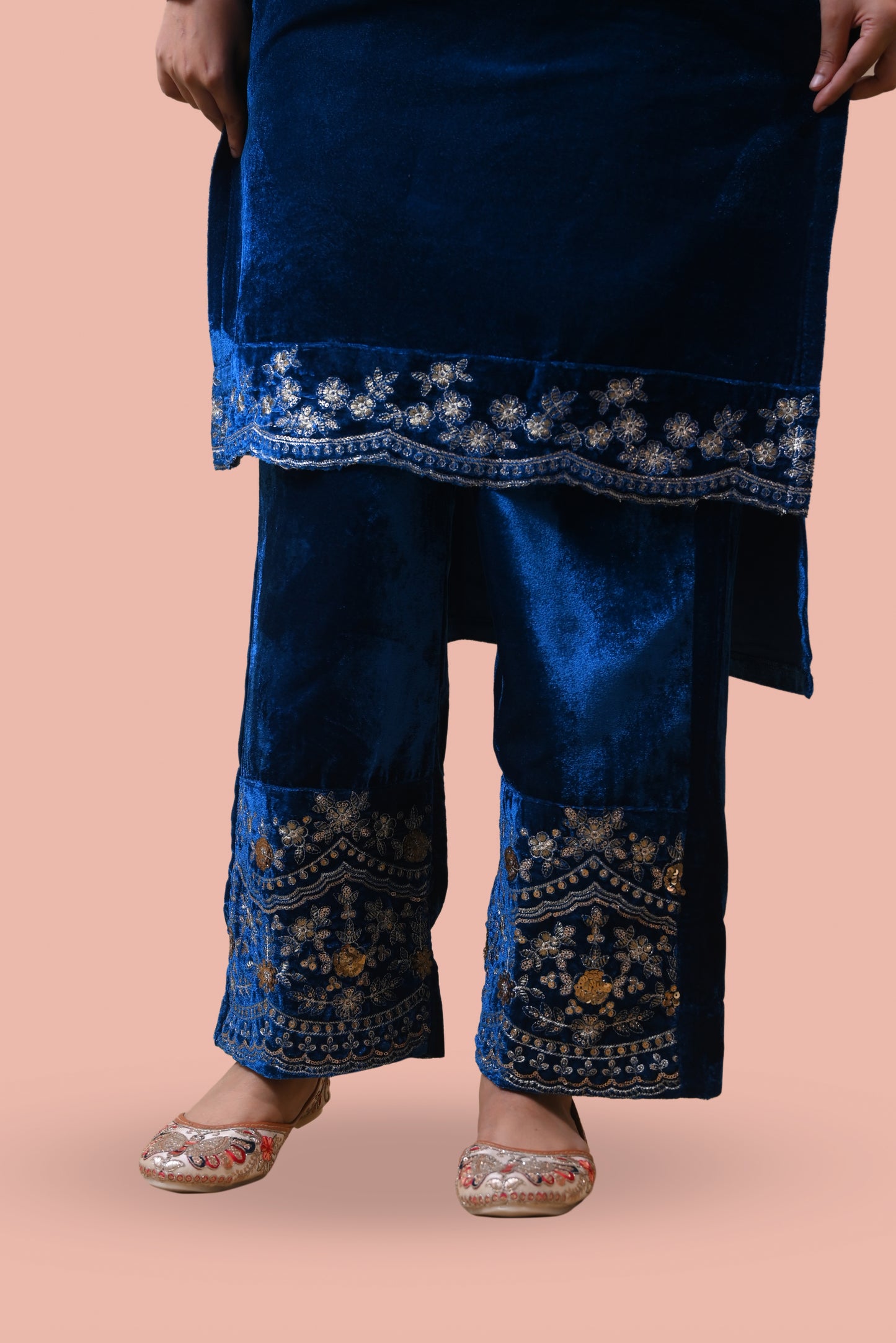 Teal Blue Velvet Yoke Design Kurta Set