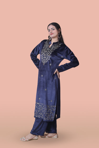 Navy Blue Velvet Shawl Kurta Set