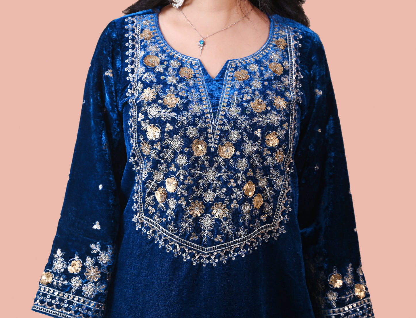 Teal Blue Velvet Yoke Design Kurta Set