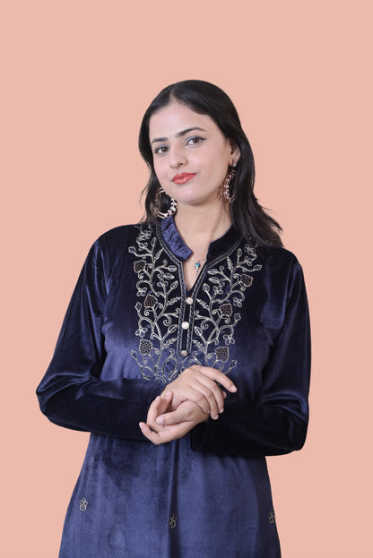 Navy Blue Velvet Shawl Kurta Set