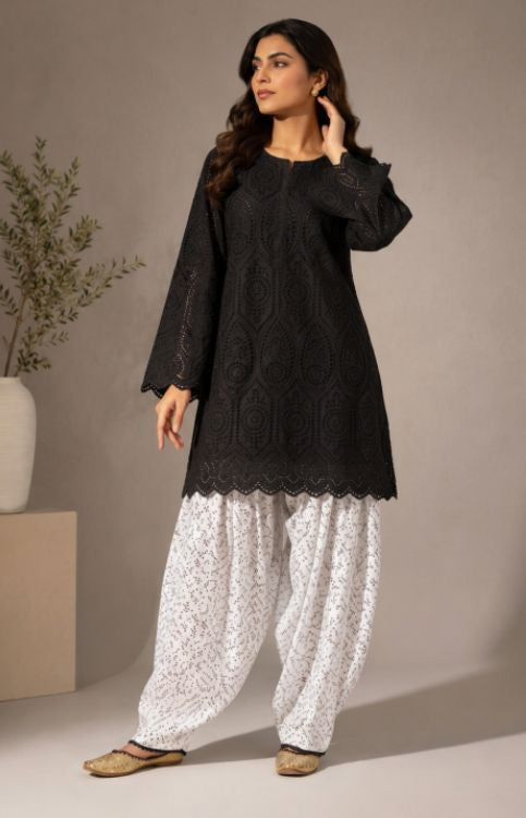 Black Hakoba Kurta with Printed White Farshi