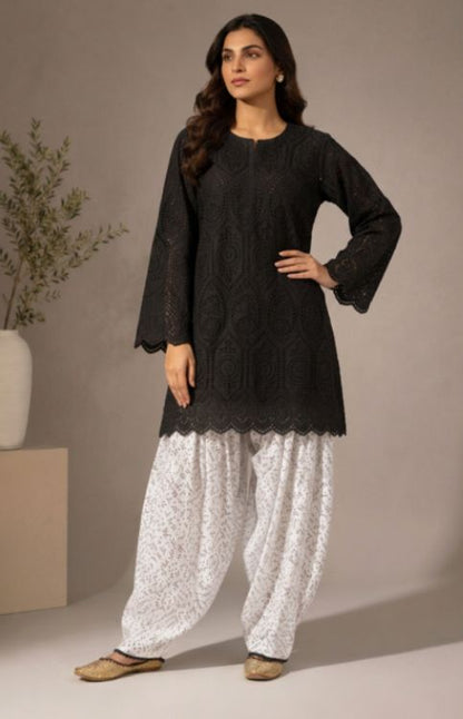 Black Hakoba Kurta with Printed White Farshi