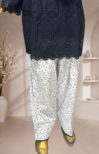 Black Hakoba Kurta with Printed White Farshi