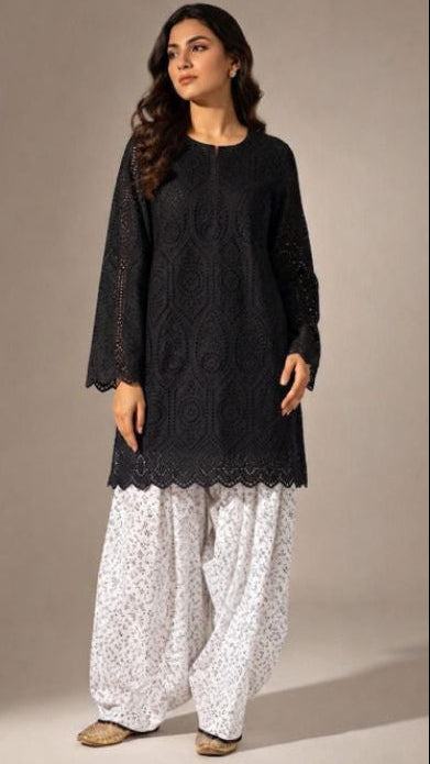 Black Hakoba Kurta with Printed White Farshi