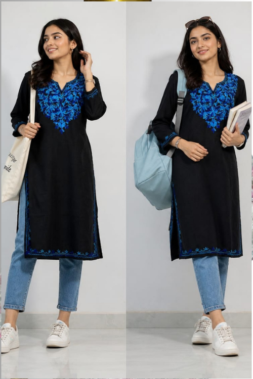Black Cotton Kurta With Blue Kashmiri Embroidery