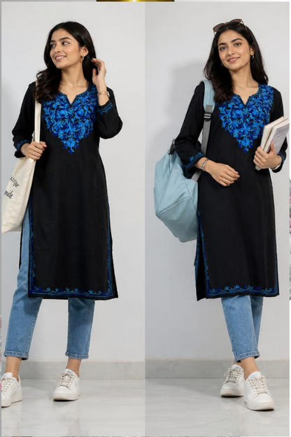 Black Cotton Kurta With Blue Kashmiri Embroidery