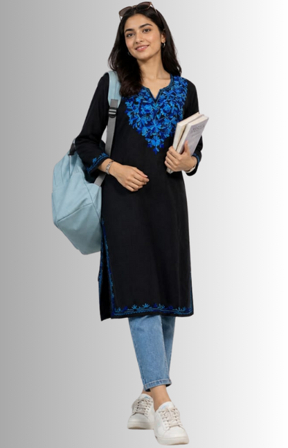 Black Cotton Kurta With Blue Kashmiri Embroidery