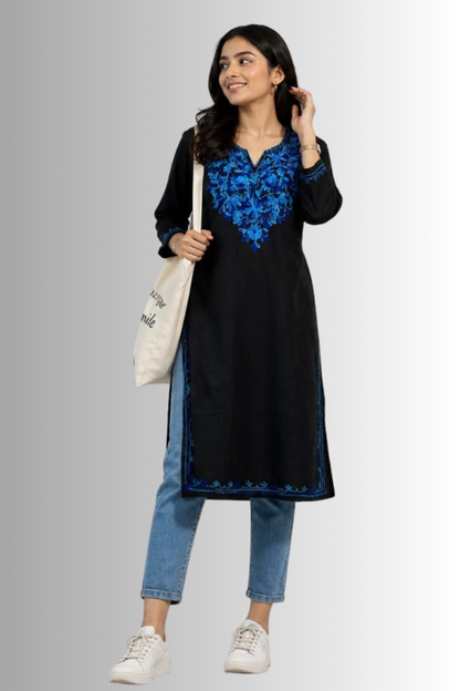 Black Cotton Kurta With Blue Kashmiri Embroidery