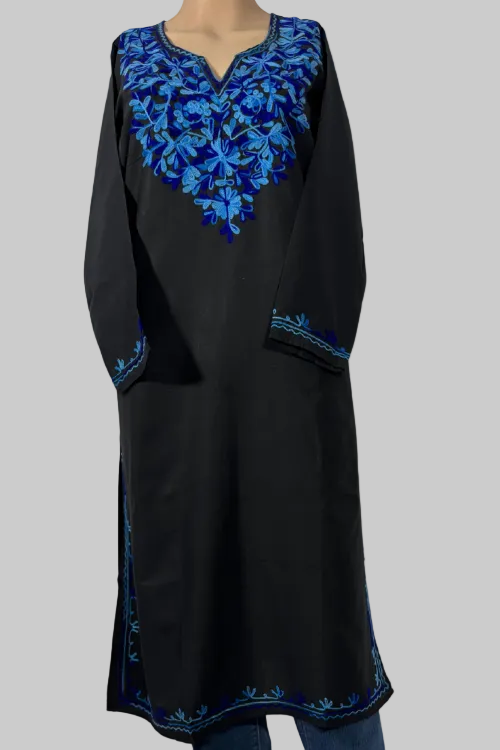 Black Cotton Kurta With Blue Kashmiri Embroidery
