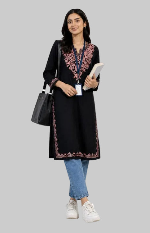Black Cotton Kurta With Pink Kashmiri Embroidery