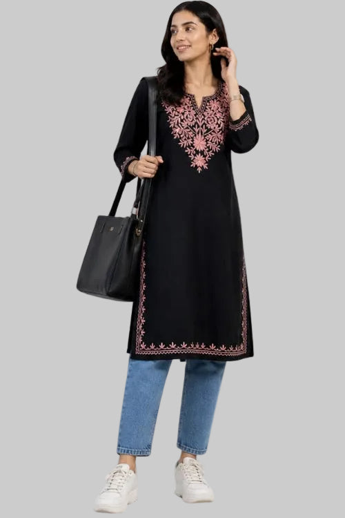 Black Cotton Kurta With Pink Kashmiri Embroidery