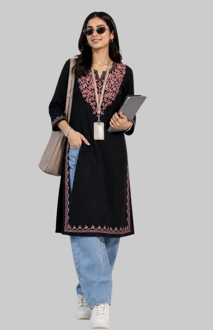 Black Cotton Kurta With Pink Kashmiri Embroidery
