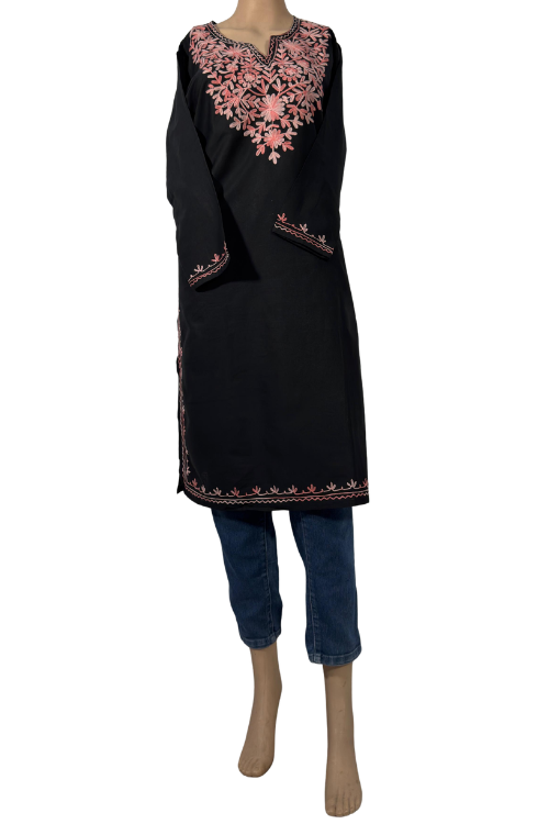 Black Cotton Kurta With Pink Kashmiri Embroidery