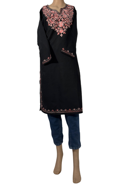 Black Cotton Kurta With Pink Kashmiri Embroidery