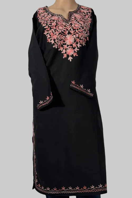 Black Cotton Kurta With Pink Kashmiri Embroidery