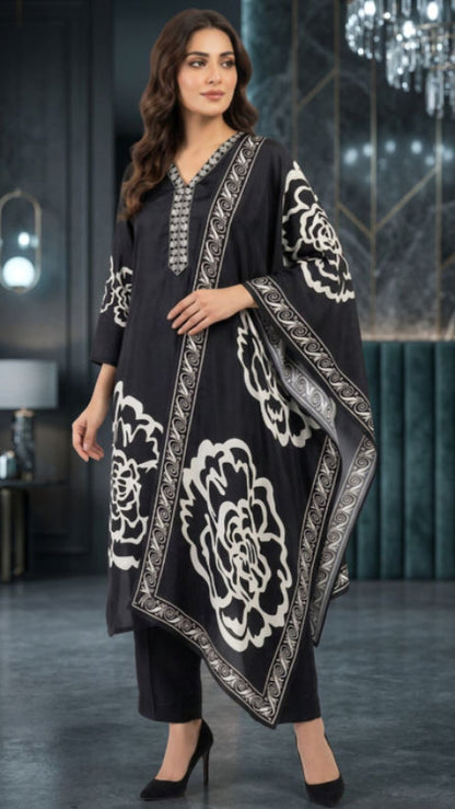 Black and White Printed Straight Fit Suit in Crepe Fabric