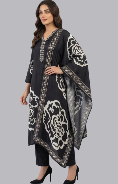 Black and White Printed Straight Fit Suit in Crepe Fabric