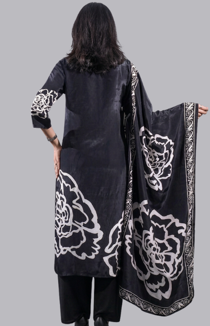 Black and White Printed Straight Fit Suit in Crepe Fabric