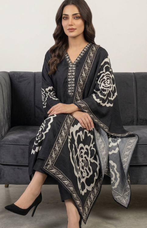 Black and White Printed Straight Fit Suit in Crepe Fabric