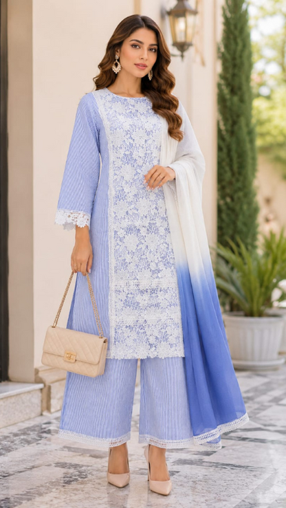 Serene Blue Crochet Kurta Set