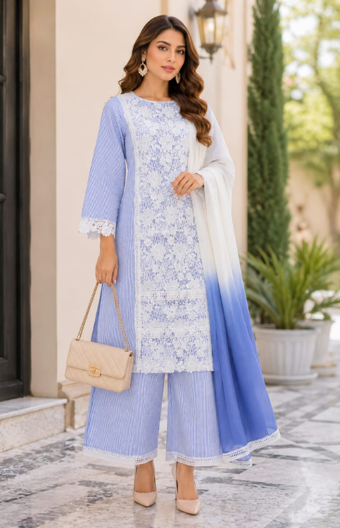 Serene Blue Crochet Kurta Set